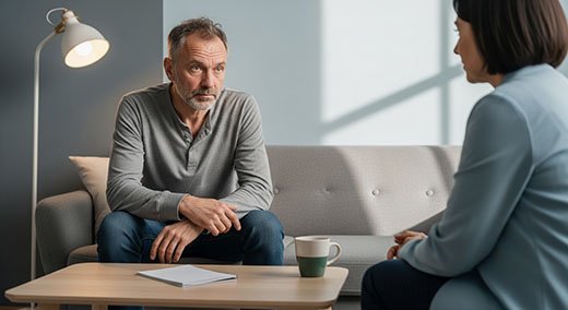 Мужчина сидит на диване напротив врача